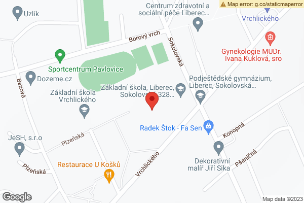 Google map: https://www.google.com/maps/place/Základní+škola,+Liberec,+Sokolovská+328,+příspěvková+organizace/@5